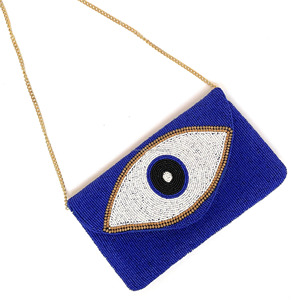 Blue Eye Beaded Boho Style Clutch <b>Bag</b> Handmade Durable Purse with Gold Chain Protection Charm Party or Wedding <b>Gift</b> - Product Image 4