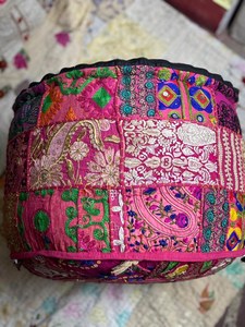 Boho Patchwork Round Pouf Cover Handmade Embroidered ottoman Floor Cushion Seating - Product Image 3