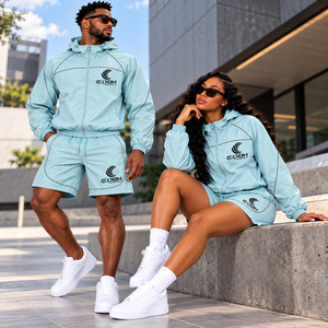 Conjunto deportivo unisex con chaqueta con capucha y pantalones cortos, ligero, de poliéster, de secado rápido, para verano, ropa deportiva informal. - Product Image 4