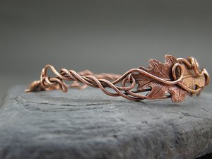 Handmade Oak Leaf <b>Copper</b> <b>Bangle</b>: Adjustable Wire Wrapped Bracelet - Product Image 6