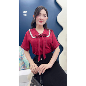 เสื้อเชิ้ตเดนิมแขนสั้นสำหรับสาวทำงาน คอปกแบบกะลาสีพร้อมโบว์ผูก  แบบลำลองสำหรับใส่ทำงานหรือวันสบายๆ - Product Image 3
