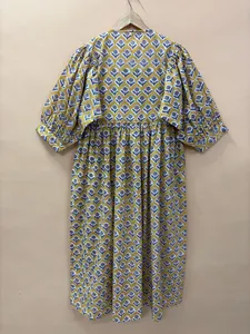 Vintage Yellow Floral Block Print Cotton Midi <b>Dress</b> with Puff Sleeves Tie-Neck <b>Loose</b> Fit Casual Summer <b>Dress</b> For Women - Product Image 3