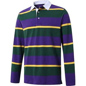 Men's Long Sleeve Striped Polo Shirt Purple Green Yellow Cotton Turn-<b>down</b> Collar Regular Fit All Seasons - Product Image 1