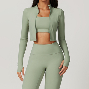 Women's Halter 3-Piece Yoga Set Four-Way Stretch Plus Size High Waist Nylon Spandex Sports Bra Leggings <b>Jacket</b> <b>Workout</b> Gym Wear - Product Image 5