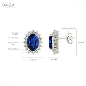 Boucles d'oreilles clous en or massif 14 carats avec saphir bleu ovale véritable 6x4 mm et halo de diamants blancs délicats, prix de gros usine - Product Image 2