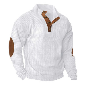 <b>Men's</b> <b>White</b> Quarter-Zip Knit <b>Sweater</b> With Brown Leather Accents And Button Closure Casual Autumn Wear - Product Image 1