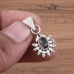 จี้สร้อยคอพลอยโทแพซธรรมชาติ 925 เงินสเตอร์ลิง ชุบแพลตตินัม ดีไซน์วินเทจลายจุดมิลเกรน พลอยสีรุ้ง - Product Image 6