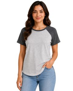 Camiseta raglán gris claro y gris carbón para mujer, informal, con cuello redondo, manga corta, mezcla de algodón suave, top de moda de verano - Product Image 1