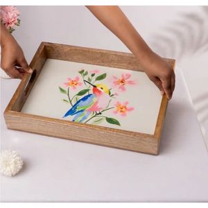 Bandeja de Madera de Mango Esmaltada con Impresión Personalizada al por Mayor, Bandeja Rectangular Decorativa para Servir con Asas, Artículos de Regalo de Madera Ecológicos - Product Image 1