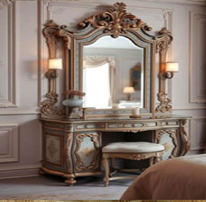 Luxury carved wooden vanity <b>table</b> set <b>with</b> built-in side sconces and round <b>stool</b>, available at wholesale prices. - Product Image 1