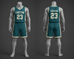 Custom Basketball Uniform Teal and Cream Jersey and Shorts Set Professional Breathable Team Sportswear Personalized Match Kit - Product Image 1