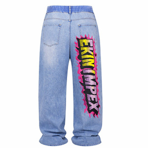 Vaqueros anchos de mezclilla con doble cintura, lavado desgastado, estilo urbano, de tiro medio, con paneles y logo personalizado, para viaje, venta al por mayor - Product Image 2