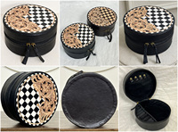 Étuis à bijoux ronds 2026 en cuir de vache véritable, motif floral artisanal, noir et blanc à carreaux, avec fermeture éclair, organisateur de maquillage