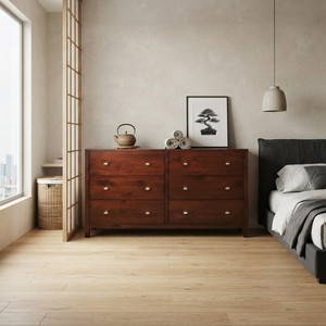 ตู้ลิ้นชักไม้สนสไตล์ญี่ปุ่น 6 ชั้น พร้อมที่เก็บของสำหรับห้องนอน - Product Image 1