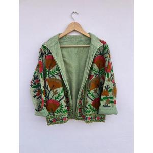 Premium Quality Traditional Handmade Vintage Embroidered Floral Cotton <b>Jacket</b> Green Suzani Style Gift for Her - Product Image 2