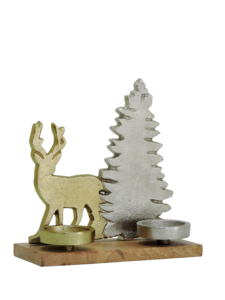 Porte-bougie en aluminium en forme de renne doré et d'arbre de Noël argenté sur base en bois - Décoration de table festive pour les fêtes, centre de table de Noël - Product Image 2