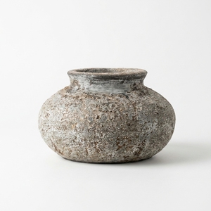 Desplo Hard Rustic Distressed Hard Grey Stone Rustic Patina Terracotta Clay Handcrafted <b>Ceramic</b> Squat Pot Vase Bowl Decorative - Product Image 1