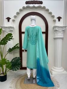 Ensemble Salwar Kameez brodé pour femme en rayonne lourde, avec Kurta à points de chaînette, Palazzo et Dupatta, infroissable, tenue ethnique - Product Image 5