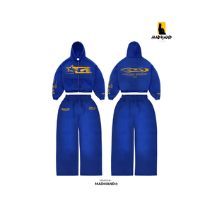 Custom Grunge Vision Streetwear Tracksuit | Cropped <b>Zip</b> Hoodie & Wide Leg Sweatpants | OEM Vintage Electric Blue Fleece Set - Product Image 1