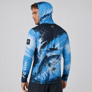 Sweat à capuche de pêche unisexe F2 WIN, impression par sublimation, UPF 50, séchage rapide, respirant, manches longues, chemise de performance, motif bleu sur le devant - Product Image 5