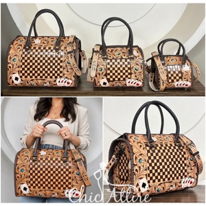 Western Design 2026 <b>Tooled</b> <b>Leather</b> Large Size Speedy Bag High Quality Checkered Genuine <b>Leather</b> Duffle Shoulder Bag for Unisex - Product Image 1