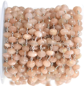 Peach Moonstone Rondelle Shape Sterling Silver Plated Rosario Wire Wrap Chain Jewelry - Product Image 3
