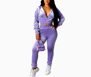 Women <b>Plus</b> <b>Size</b> Purple Velour Tracksuit <b>Set</b> Hooded Crop Top Full Length <b>Joggers</b> Solid Color Casual Wear Full Sleeve Side Pockets - Product Image 2