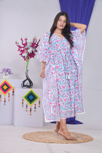 Women's Floral Print Maxi <b>Kaftan</b> Dress Sky Loose V-Neck Batwing Sleeve Cotton Bamboo Fiber Boho <b>Summer</b> Casual Dress - Product Image 3
