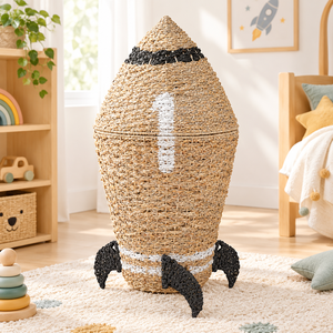 Cesta de Almacenamiento de Jacinto de Agua Ecológica con Tapa, Diseño de Cohete Espacial, para Juguetes y Ropa Sucia, Ideal para el Hogar, Hoteles, Resorts y Decoración de Dormitorios Infantiles - ¡Tendencia Actual! - Product Image 1