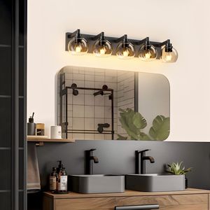 Modern 5-<b>Light</b> Bathroom <b>Vanity</b> <b>Light</b> Clear Globe Glass Shade with Black Wall Fixture for Bathrooms & <b>Mirrors</b> - Product Image 2