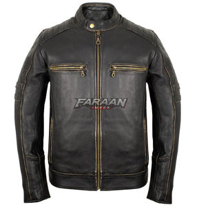 Blouson de moto vintage noir en cuir pour homme, avec épaulettes, style Cafe Racer, finition antique, poches zippées, vêtement rétro pour la conduite sur route - Product Image 6