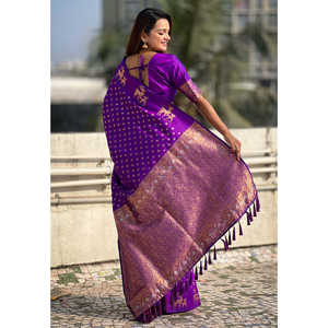 Elite Weaves Purple Soft Silk Dual Zari Woven Saree with Deer Border Elegant <b>Club</b> <b>Dresses</b> - Product Image 1