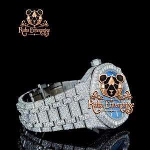 นาฬิกาข้อมือผู้ชายหรูหรา Ruha Enterprise ระบบจักรกล ตัวเรือนสแตนเลสทรงไม่สมมาตรประดับเพชร หน้าปัดสีน้ำเงิน - Product Image 2