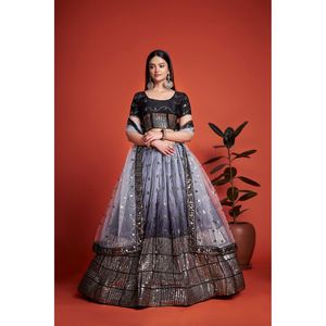 DESIGNER CHINON BRODERIE SEQUENCE TRAVAIL LEHENGA CHOLI AVEC DUPATTA NOIR - Product Image 1