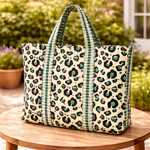 Sac fourre-tout en coton matelassé à imprimé léopard vert, grande capacité, réutilisable, écologique, sac de shopping élégant, sac de transport - Product Image 1