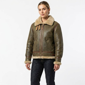 <b>Men's</b> Genuine <b>Leather</b> Aviator <b>Jacket</b> With Fur Lining Zipper Closure Winter Moto Biker Style Thick Windproof Turn-down Collar - Product Image 4