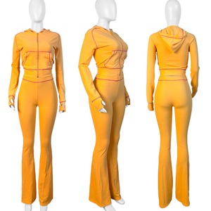 Conjunto de Sudadera con Capucha de Manga Larga y Pantalones Acampanados de Cintura Alta con Diseño de Waffle y Patchwork para Otoño 2026 - Ropa de Descanso y Chándal para Mujer - Product Image 5