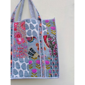 Bolso Tote de Algodón Acolchado con Estampado de Jungla y Bordado Bohemio, Diseño Panelado, Parte Superior Abierta, Estilo Compras, para Todas las Estaciones, Viajes y Uso Diario - Product Image 3