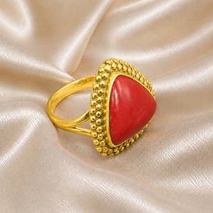 Pure 925 Sterling Silver Red Coral Gemstone Gold Bohemian <b>Statement</b> <b>Ring</b> Handmade Artisan Triangle Cabochon Women Gold Gold - Product Image 3