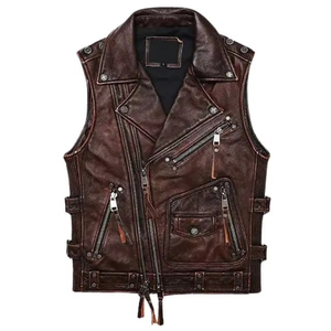 <b>Men's</b> Stylish Casual <b>Leather</b> <b>Vest</b> Retro Trendy Motorcycle Rider Jacket Western Cowboy Windproof Knitted Breathable Outer Wear - Product Image 1