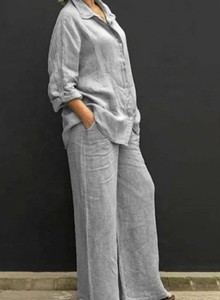Women Linen <b>Blazer</b> <b>Set</b> Solid Color Loose Fit Two Piece Pantsuit Casual Office Wear - Product Image 5