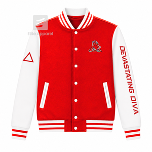Veste universitaire personnalisée Delta Sigma Theta Sorority, rouge et blanche, manches longues, fermeture éclair sur le devant, col à bandes, logo brodé, coton. - Product Image 1