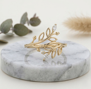 Anillo de Ágata Musgosa con Corte de Cometa y Hoja de Vid, Hecho a Mano OEM, Joyería de Compromiso Botánica Boho, Venta al por Mayor, Regalo de Piedra Preciosa Natural para Ella - Product Image 1