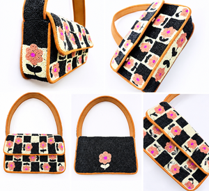 MS Handicraft Ms-wc-001 กระเป๋าถือทำมือประดับลูกปัดแก้วลายตารางหมากรุกสีดำลายดอกไม้สีชมพูกระเป๋าสะพายไหล่ - Product Image 1