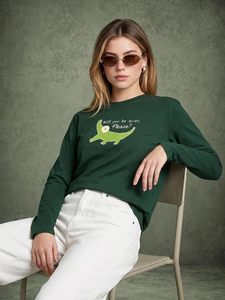 T-shirt vert à manches longues pour femme avec imprimé crocodile, col rond décontracté, motif dessin animé, 100 % coton, coupe classique - Product Image 3