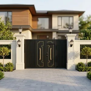 Luxury Black Metal Double <b>Swing</b> Entrance Gate Gold Geometric Design Vertical Slats Modern Security Handles Heat Treated Powder - Product Image 6