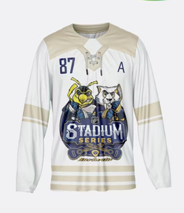 Maillot de hockey sur glace personnalisé pour homme, manches longues, blanc et bleu marine, imprimé Stadium Series, en polyester anti-humidité, uniforme adulte à manches complètes - Product Image 4