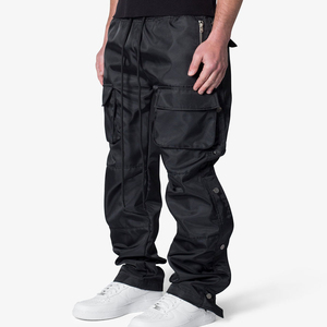 Pantalones Cargo Negros para Hombre, Cintura Elástica con Cordón, Múltiples Bolsillos, Estilo Workwear, Tela de Poliéster, Ropa de Otoño - Product Image 3