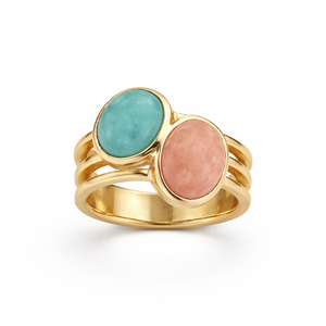 Green Pink Amazonite Double Stone Brass Classic Modern Handmade Elegant Designer <b>Statement</b> <b>Ring</b> for Women - Product Image 1