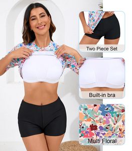 Women's 2-Piece Rash Guard <b>Swimsuit</b> Short Sleeve Swim Shirt Shorts Quick Dry <b>Modest</b> Surf Swimwear OEM ODM - Product Image 3